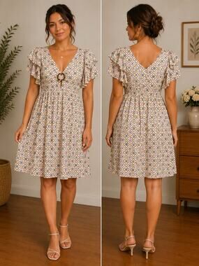 Boho Floral Midi Dress Cutout Ruffle Sleeve Retro Print Size M